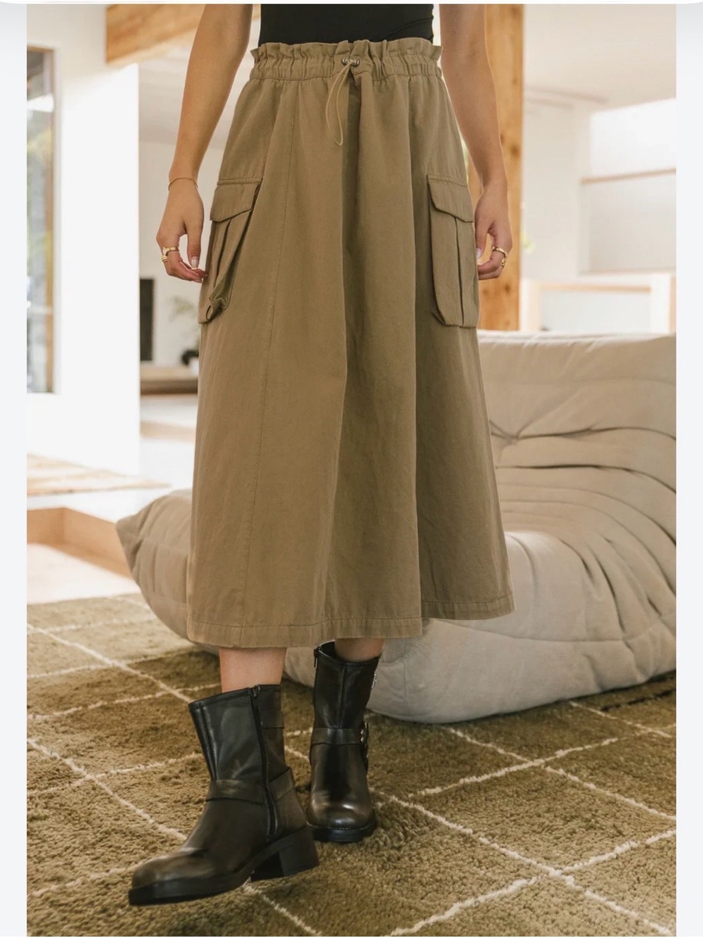bohme Olive Drawstring Maxi Skirt with Cargo Pockets